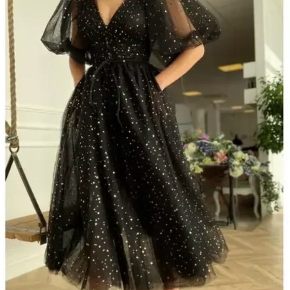 Teuta Matoshi Black Starry Night Tea Length Dress